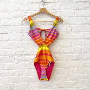 FARM Rio || Shiny Stripes One-Piece Swimsuit Cutout Rainbow Multi Small